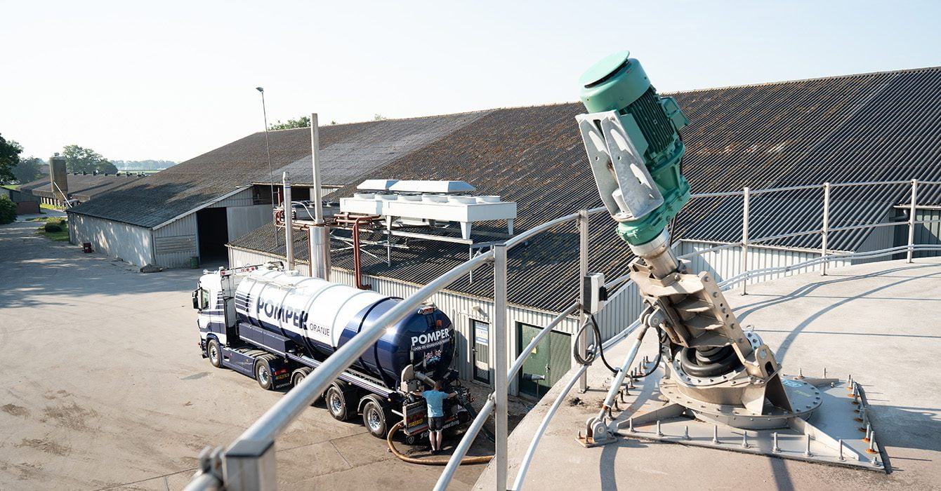 Menger Op Dak Installatie En Op De Achtergrond Een Vrachtwagen Die Organische Restproducten Lost