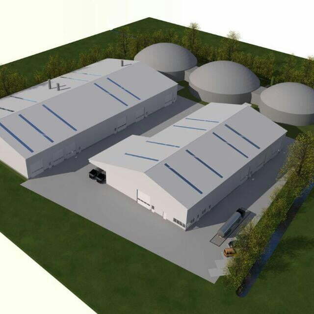 Tekening van het project Groengas Cothen. Twee loodsen met daarachter drie silo's.